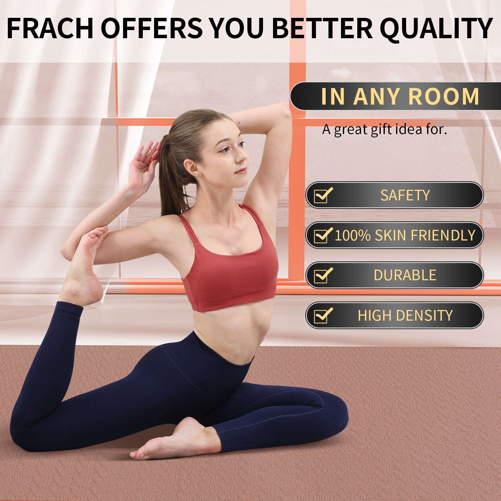 Frach Large Yoga Mat（6'×4')- TPE 10mm Extra Thick Non-Slip Mats with strap for Home Workout/Pilates(Brown + Beige)