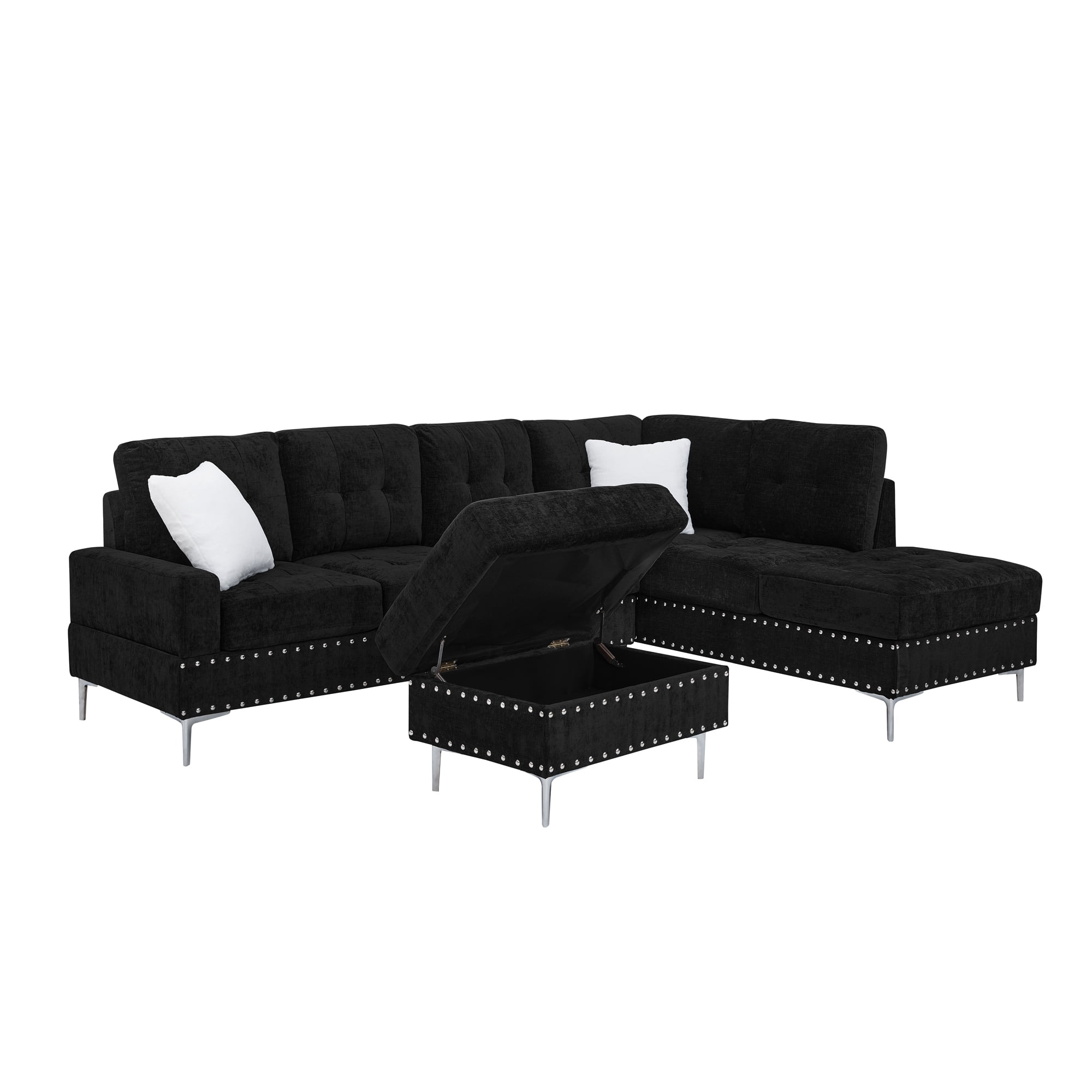 Leumius Modular Sectional Sofa with Chaise and Storage Ottoman,U/L Shaped Sectional Sofa with 2 Pillows,Modern Copper Nails Design Couch with Deep Seat and Thickened Cushion for Living Room,Black
