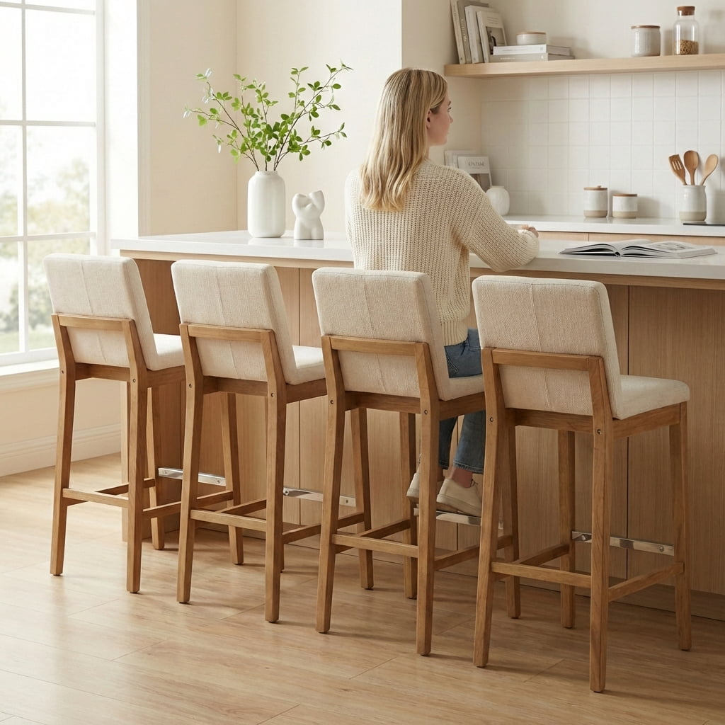 Guyou 26" Counter Height Bar Stools Set of 2, Modern Linen Upholstered Barstools, Rustic Farmhouse Wooden Kitchen Island Chairs with Backrest and Footrest for Dining Room Home Bar Patio Club, Beige