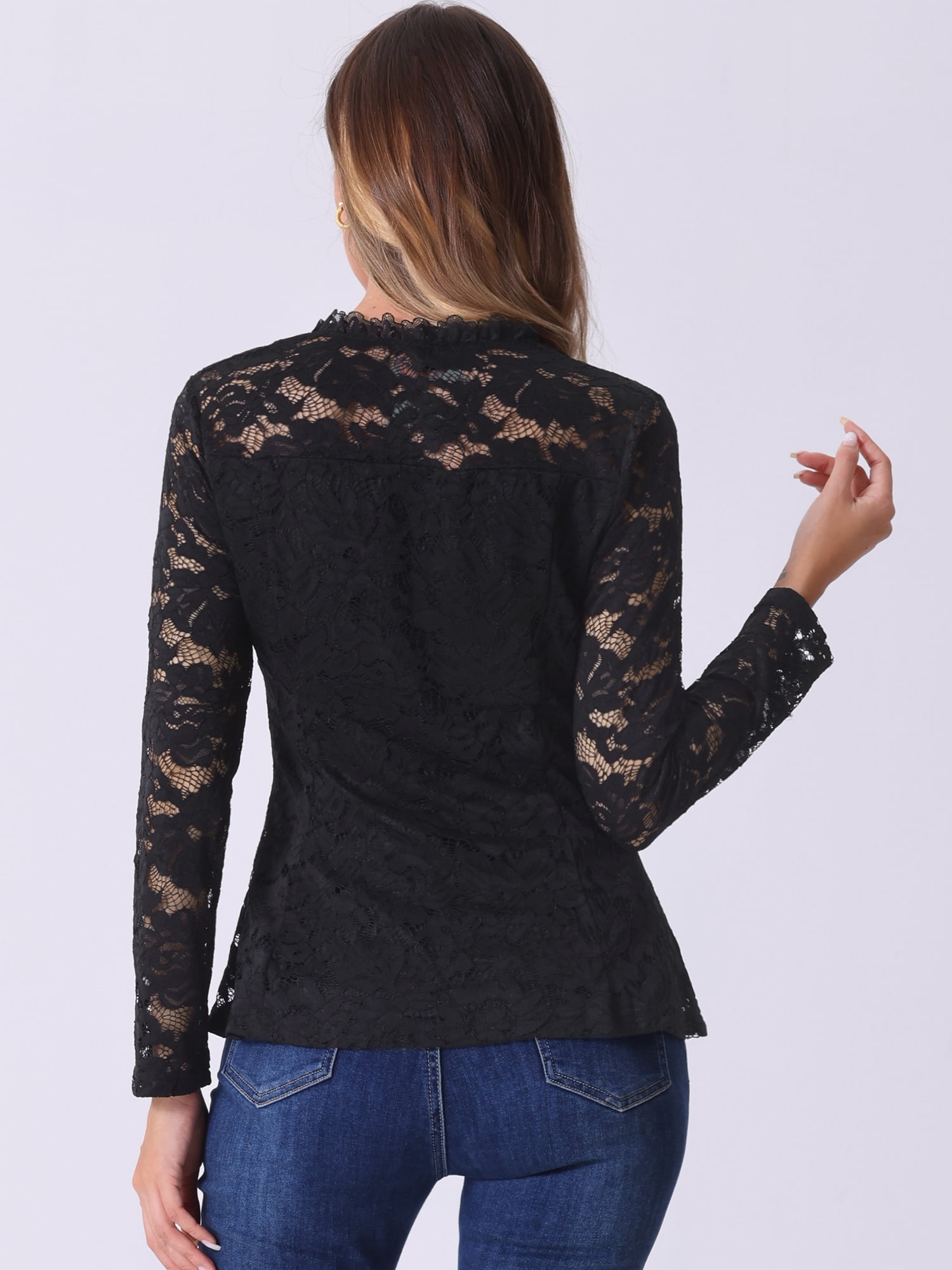 DARING DIVA Women's Lace Square Neck Long Sleeve Stretch Peplum Blouses XS Black
