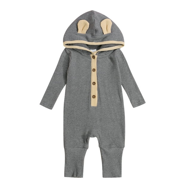 Kmbangi Baby?s Contrast Color Button Round Neck Long Sleeve Hooded Jumpsuit
