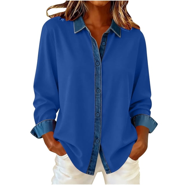Camisas de retales de mezclilla for mujer, camisa con botones de solapa, blusa informal de negocios de manga larga con bloques de color sueltos