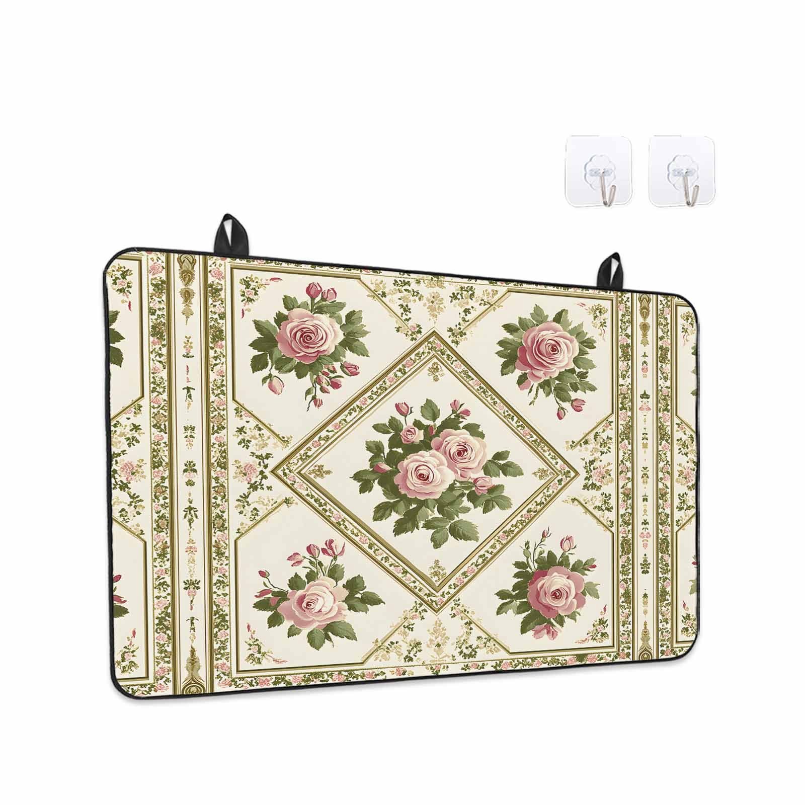 Boho Pink Floral Stove Top Cover for Electric Stove, Heat-proof & Non Slip Glass Top Stove Cover Protector, Spring Vintage Flower Green Leaf Kitchen Flat Cooktop Rubber Mat 24x21 Inches