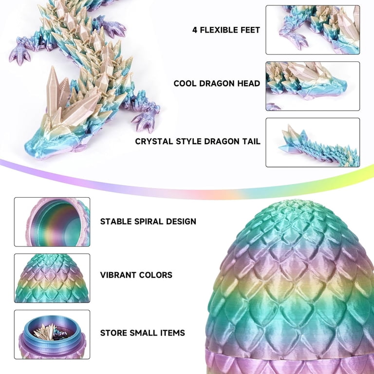 Surprise Dragon Egg - Juguete articulado de dragón con piedras preciosas – Dragones flexibles con impresión en 3D, TDAH, autismo, alivio de la ansiedad, articulaciones articuladas para niños y adultos
