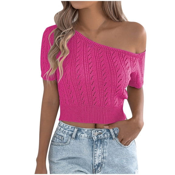 UYISJ Women's Off One Shoulder Knit Sweater Summer Short Sleeve Crop Tops Casual Stretch Knit Sweater Trendy Going Out Tops L