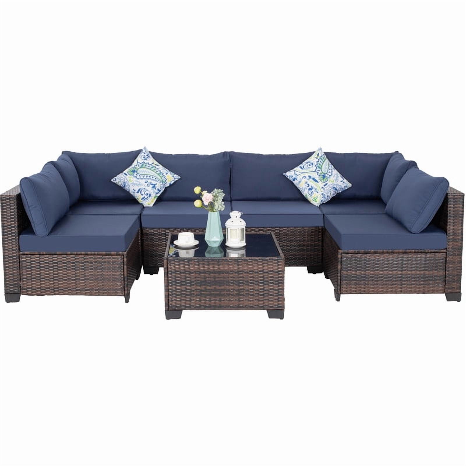 Howcool 7-Piece All-Weather Wicker Rattan Outdoor Patio Furniture Set,Modular Patio Conversation Furniture Set with Thick Cushions & Tempered Glass Table