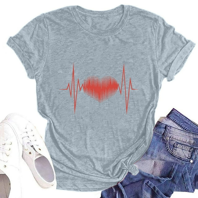 Grande Vente!! T-Shirts de la Saint-Valentin pour Femmes Mignon Cœur Graphique T-Shirt Cadeaux de la Saint-Valentin Tee Décontracté Cœurs Manches Courtes Hauts Femmes Col Rond Manches Courtes T-Shirt Imprimé Amour Gris m