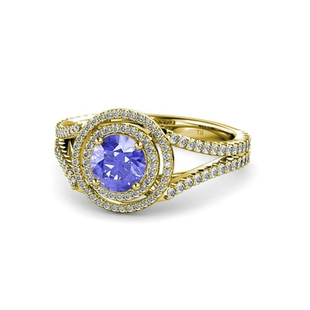 

Tanzanite and Diamond (SI2-I1 G-H) Double Halo Engagement Ring 1.29 ct tw in 14K Yellow Gold.size 7.5