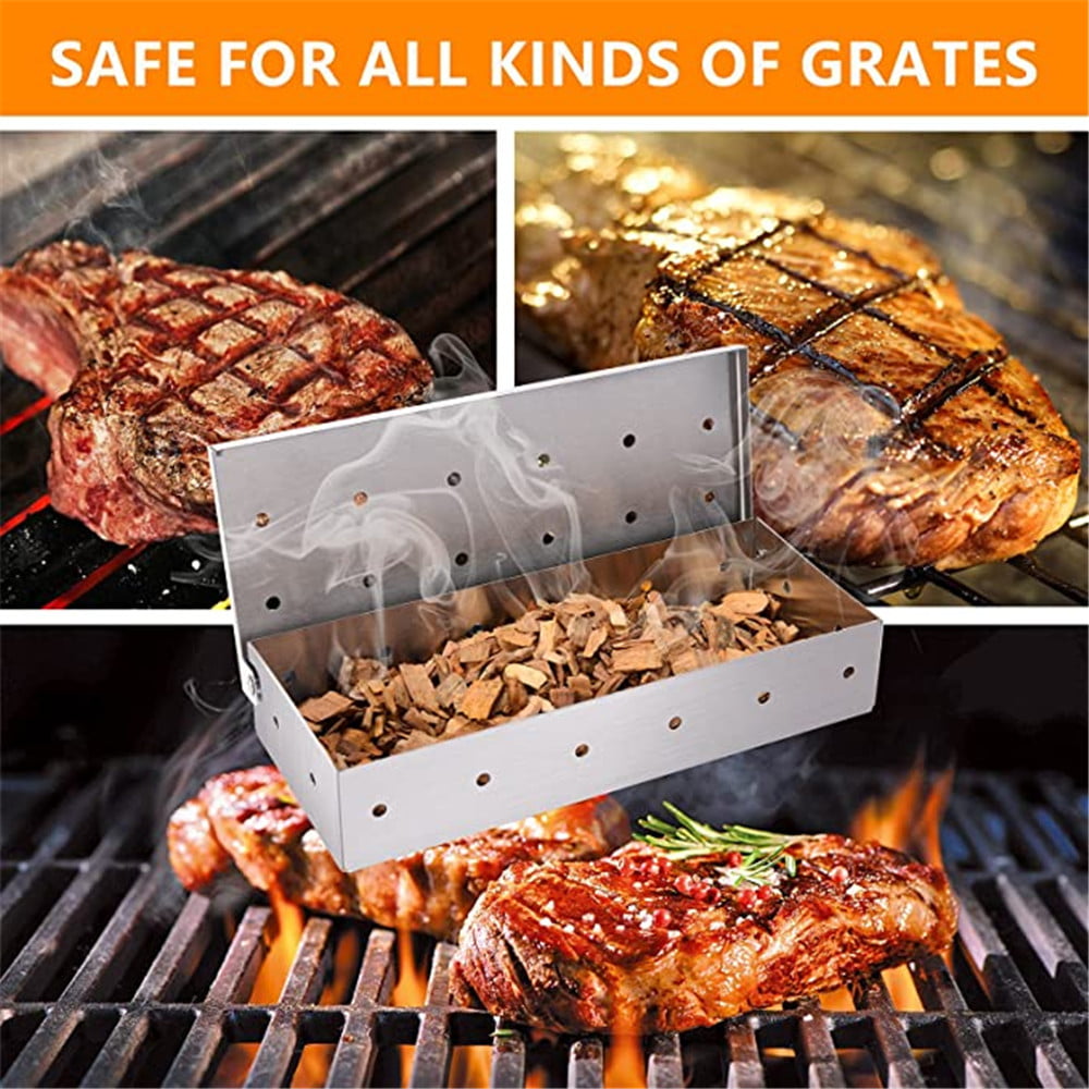 Stainless Steel Gas Grill Smoker Box Wood Chip BBQ Barbecue Cooking Utensils 