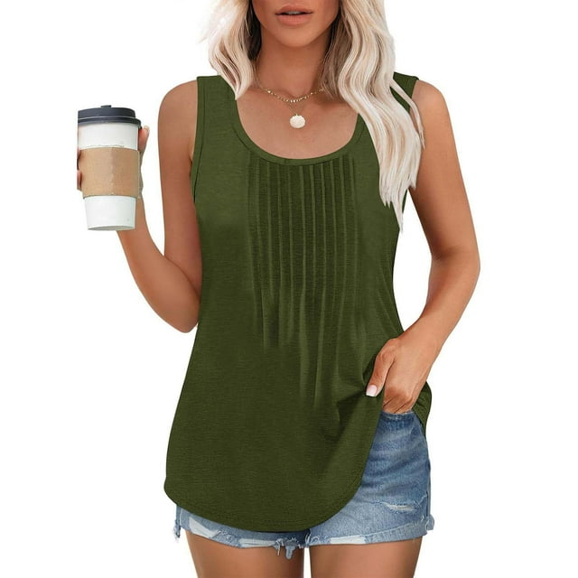 Eiyaclvo Débardeurs Grande Taille pour Femmes Tendance Plissé devant Sans Manches Coupe Ample Col Rond Été Décontracté Habillé Business