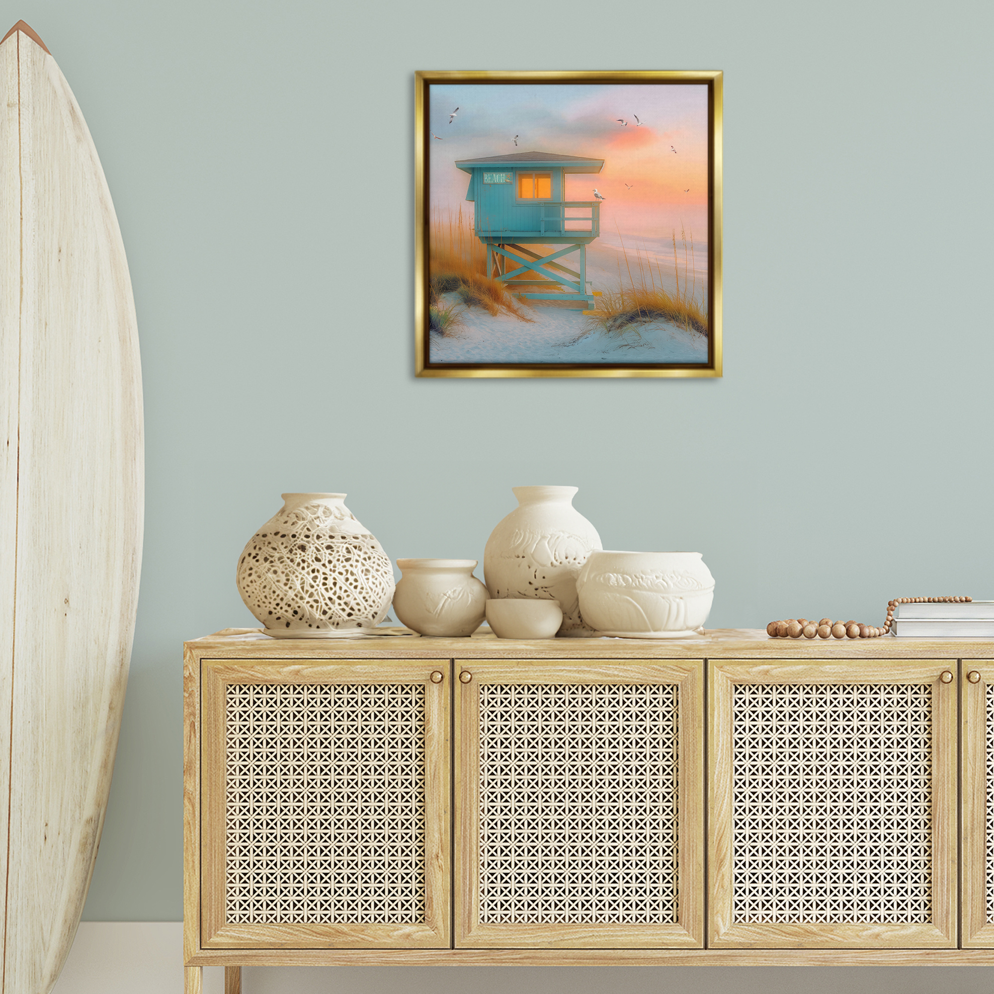 Stupell Industries Coastal Charm Beach Coastal Painting Gold Floater Framed Canvas Art Print Wall Art, 25 x 25
