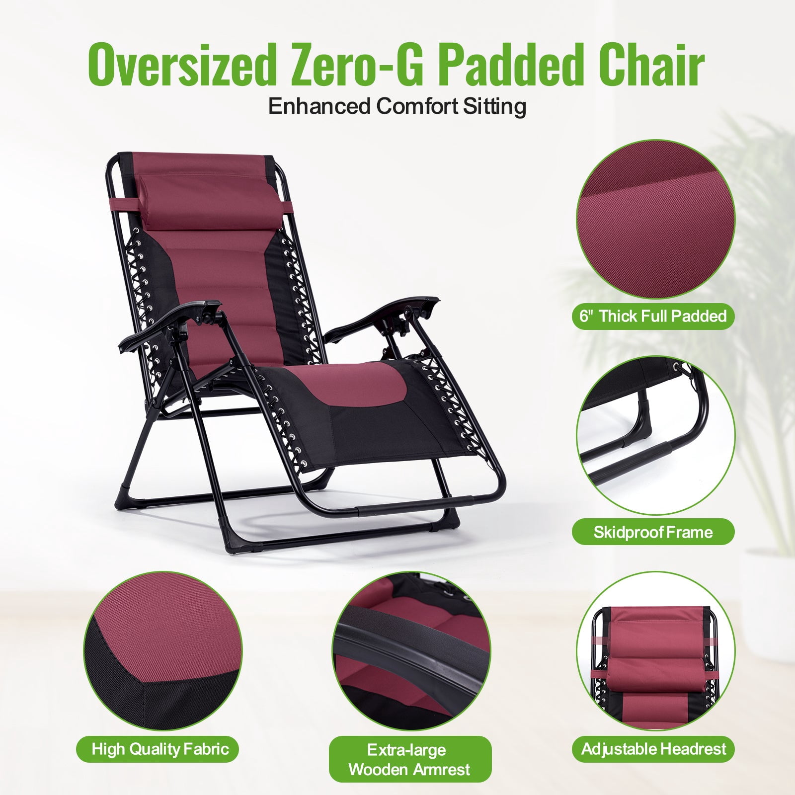 Backyard Expressions Deluxe XL Padded Recliner Zero Gravity Chair – Ergonomic Anti Gravity Lounger with Folding Design, Side Tray, and Adjustable Headrest
