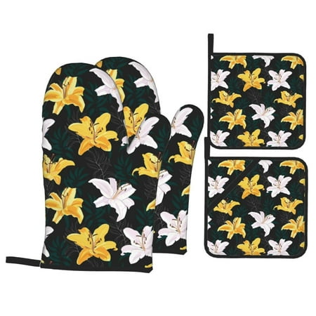 

Oven Mitts and Pot Holders Sets 4 pcs Lilies Flowers White Yellow Non-Slip Oven Gloves Potholders Soft Quilted Lining Heat Resistant Gloves Hot Pads for Kitchen Cooking Baking