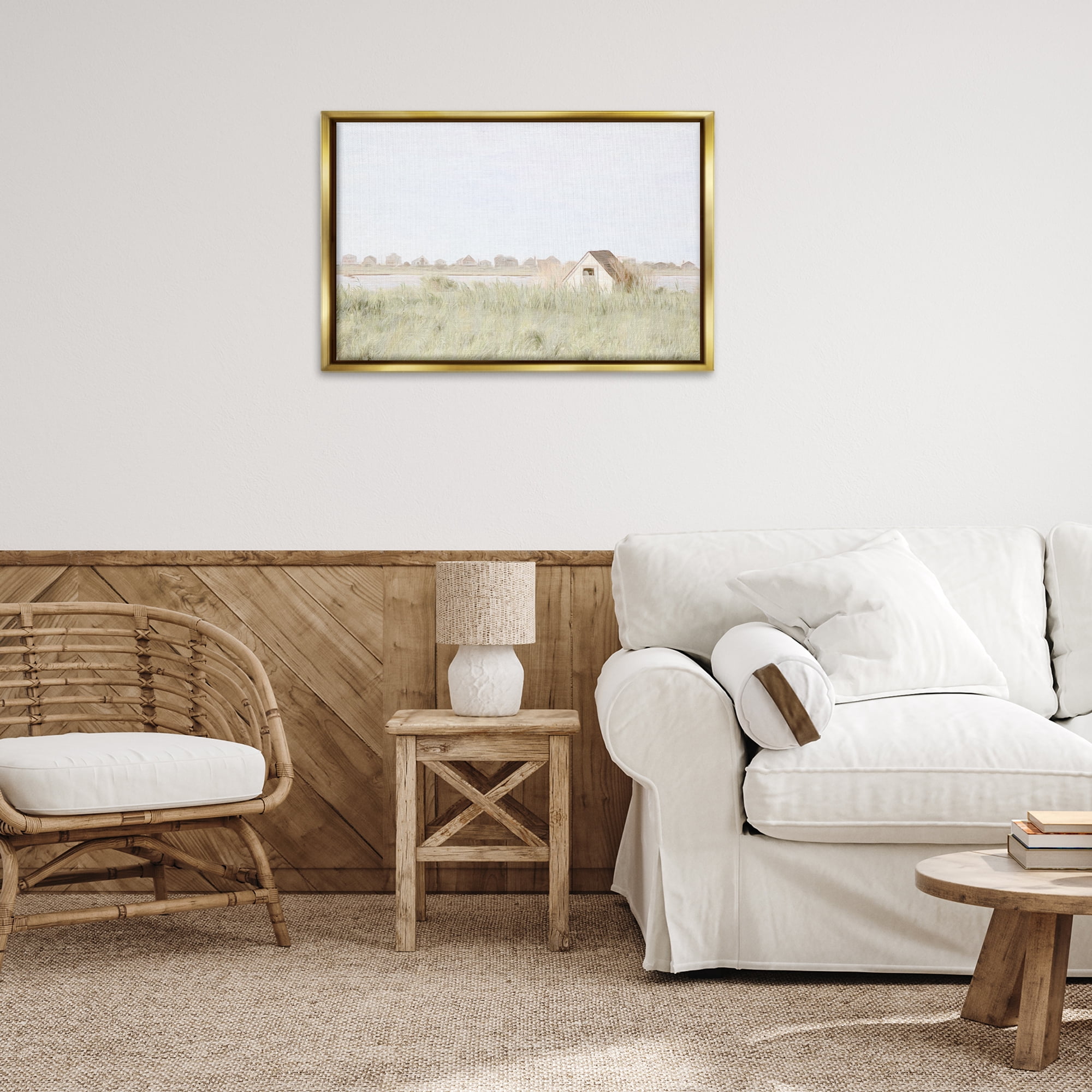 Stupell Industries Swaying Grass By Cottage Landscape & Nature Painting Gold Floater Framed Canvas Art Print Wall Art, 31 x 21