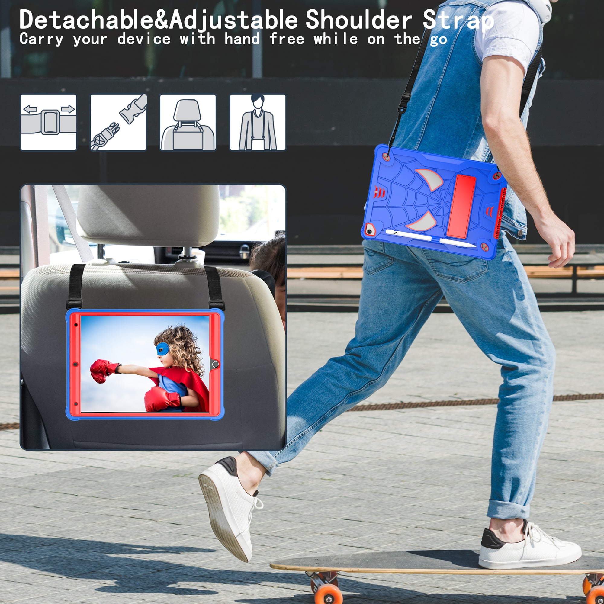 ELEHOLD Kids Case for iPad 9th/8th/7th Gen 10.2" 2021/2020/2019, Heavy Duty Rugged Cover with Foldable Kickstand Crossbody Shoulder Strap Pencil Holder Shockproof Case for iPad 10.2",Blue+Red