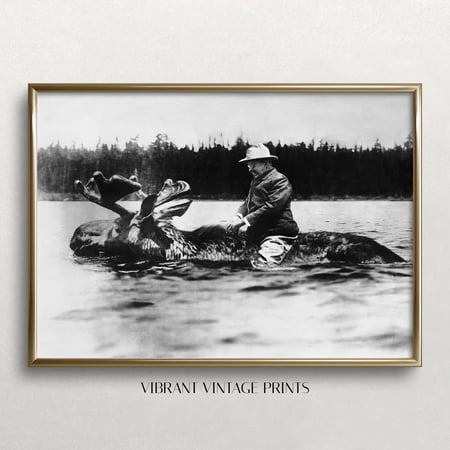 Teddy Roosevelt Riding Moose Vintage Poster UNFRAMED PAPER POSTER, Home Decor