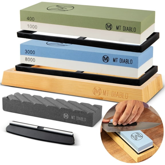 Mt Diablo 2-Stage 400/1000 and 3000/8000 Grit Knife Sharpening Kit with Bamboo Base