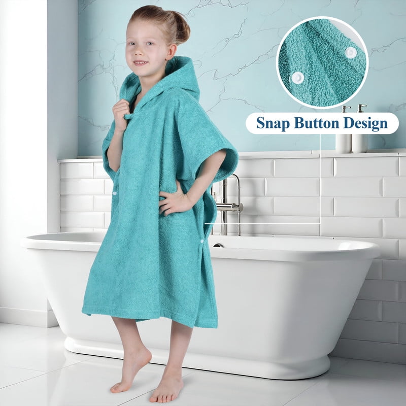 Superior Lyron Kids Cotton Terry Medium Weight Hooded Poncho Bath Towel, Small/Medium, Teal