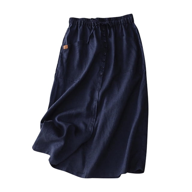 Women's Cotton Linen Long Skirt, Drawstring Waist a Line Button Flowy Maxi Beach Skirts with Pockets Navy XXL