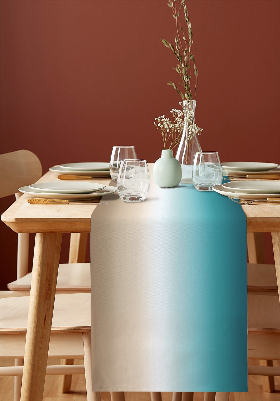 Ldtrchee Gradient, Table Runner 72 Inches, Abstract Ombre Teal Khaki Colored Bed Runner Dresser Scarves Tabletop for Indoor Outdoor Parties/Ceremony/Banquet, 13" x 72"