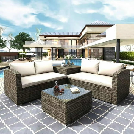 Outdoor Wicker Furniture Sets 4 Piece Patio Conversation Set with Ottoman Loveseat Sofa Glass Coffee Table All-Weather PE Rattan Wicker Bistro Patio Set for Backyard Porch Garden Pool LLL438