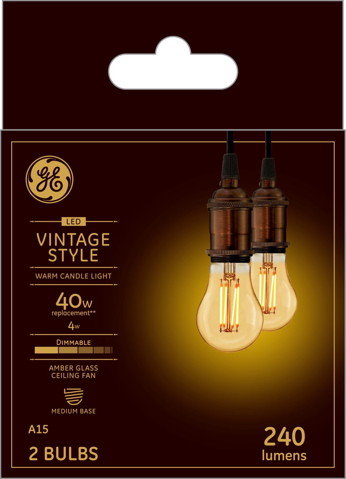 GE Vintage Style LED Light Bulbs, Standard Bulb Shape, Amber Glass Finish, Warm Candle Light, 40 Watt Equivalent, Medium Base, Dimmable (2 Pack)