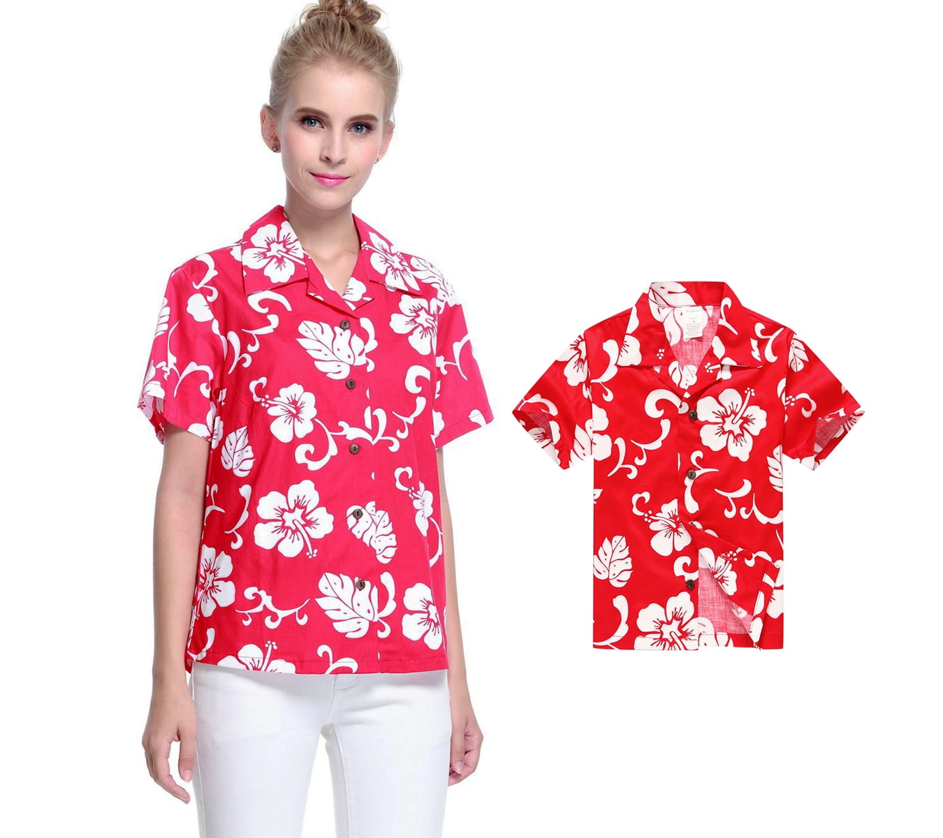 Matching Mother Son Hawaiian Luau Women Shirt Boy Shirt Red Hibiscus  Walmart.com