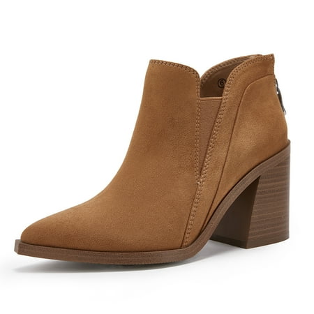 

Dellytop Women s Pointed Toe Stacked Heel V Cut Back Zipper Chelsea Ankle Boots