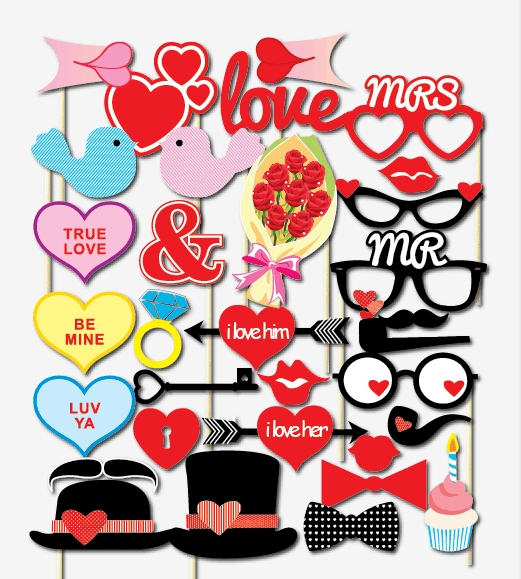 32PCS Valentines Day Supplies Photo Booth Party Props On A Stick  Hearts Top Hat 