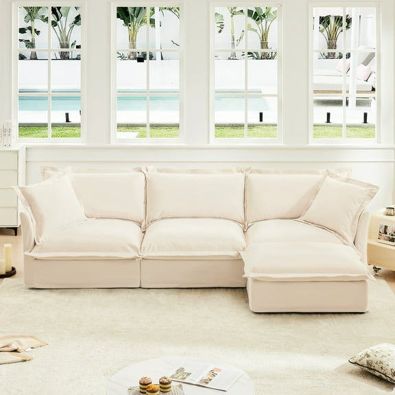Elegant Chenille Slipcovered Sectional , Deep Seat Comfy Couch For Living Room, Cream Luxurious Room , Couch,