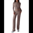 thumbnail image 2 of Conjuntos de 2 Piezas para Mujer, Larga, Cuello Redondo, Pantalones Acampanados de Cintura Alta, Conjuntos de Chándal, Ropa de Calle. Camello L, 2 of 10