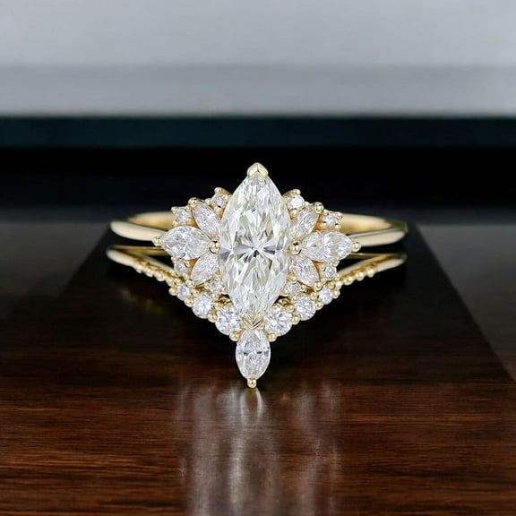 solitaire jewels 1CT Art Deco Marquise Moissanit Engagement Ring Set For Women, 14K Yellow Gold