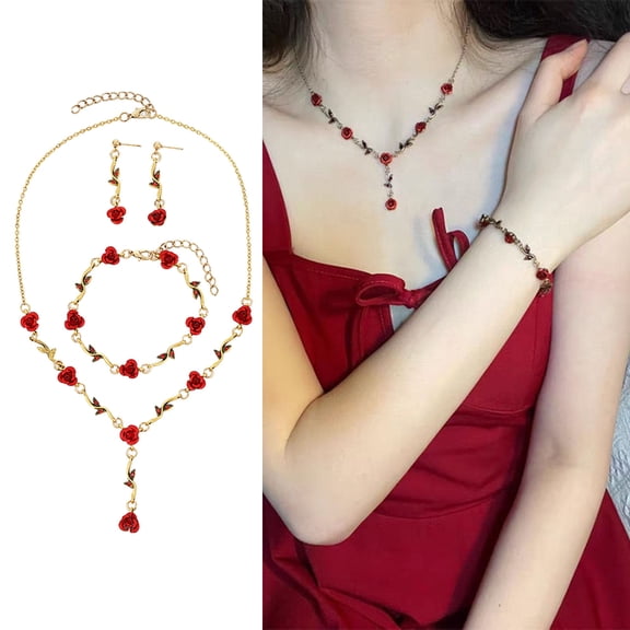 Eoperou 3Pcs/Set Retro Women Wedding Jewelry Set Rose Flower Shape Rhinestones Pendant Necklace Adjustable Earrings Dangle Earrings Set