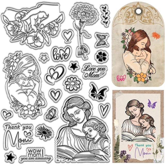 Sellos de goma transparentes para el Día de la Madre, "Gracias mamá", "Corazón de amor", estilo vintage, reutilizables, de silicona transparente.