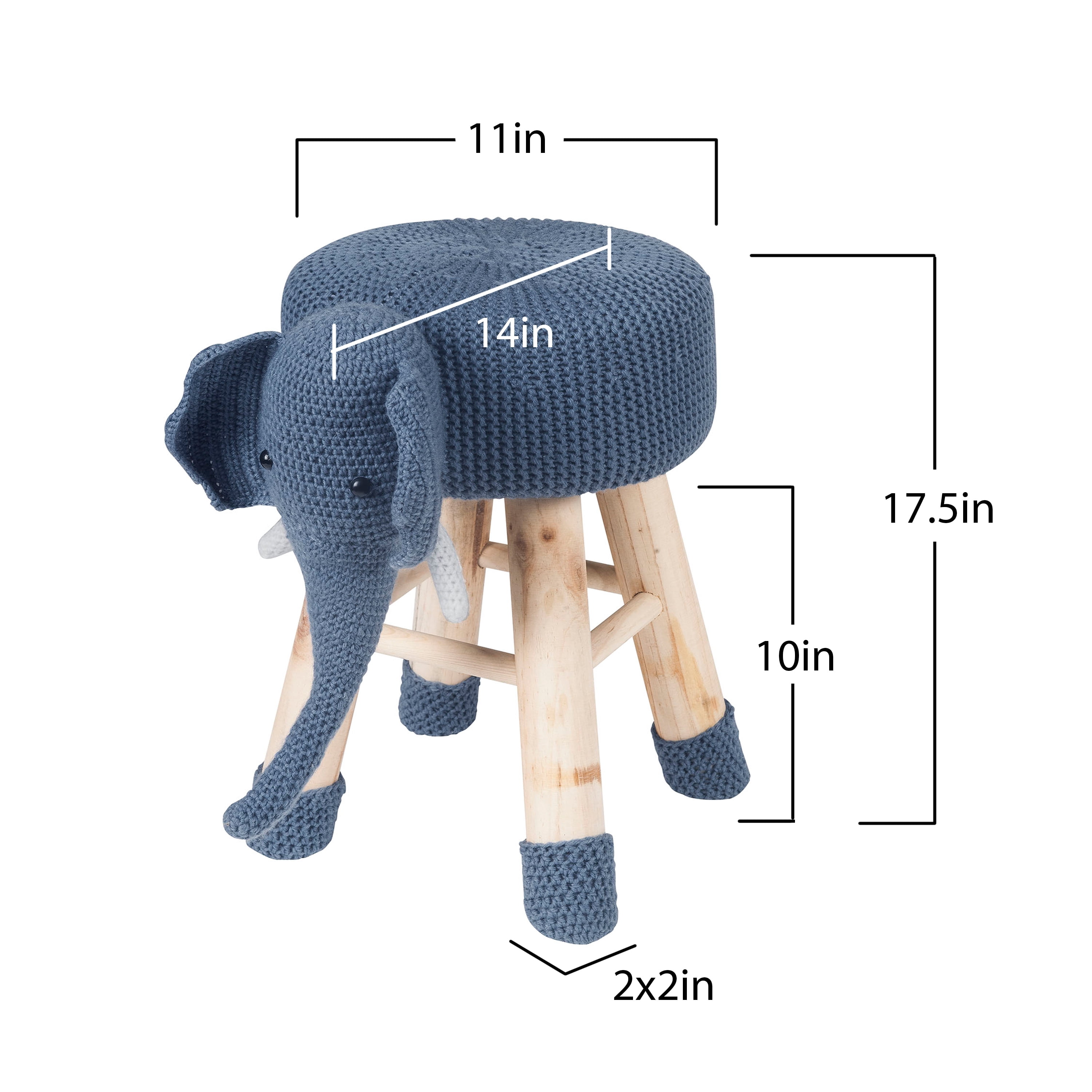 AC Pacific Children's Woven Elephant Ottoman Stool with Wooden Legs, Blue