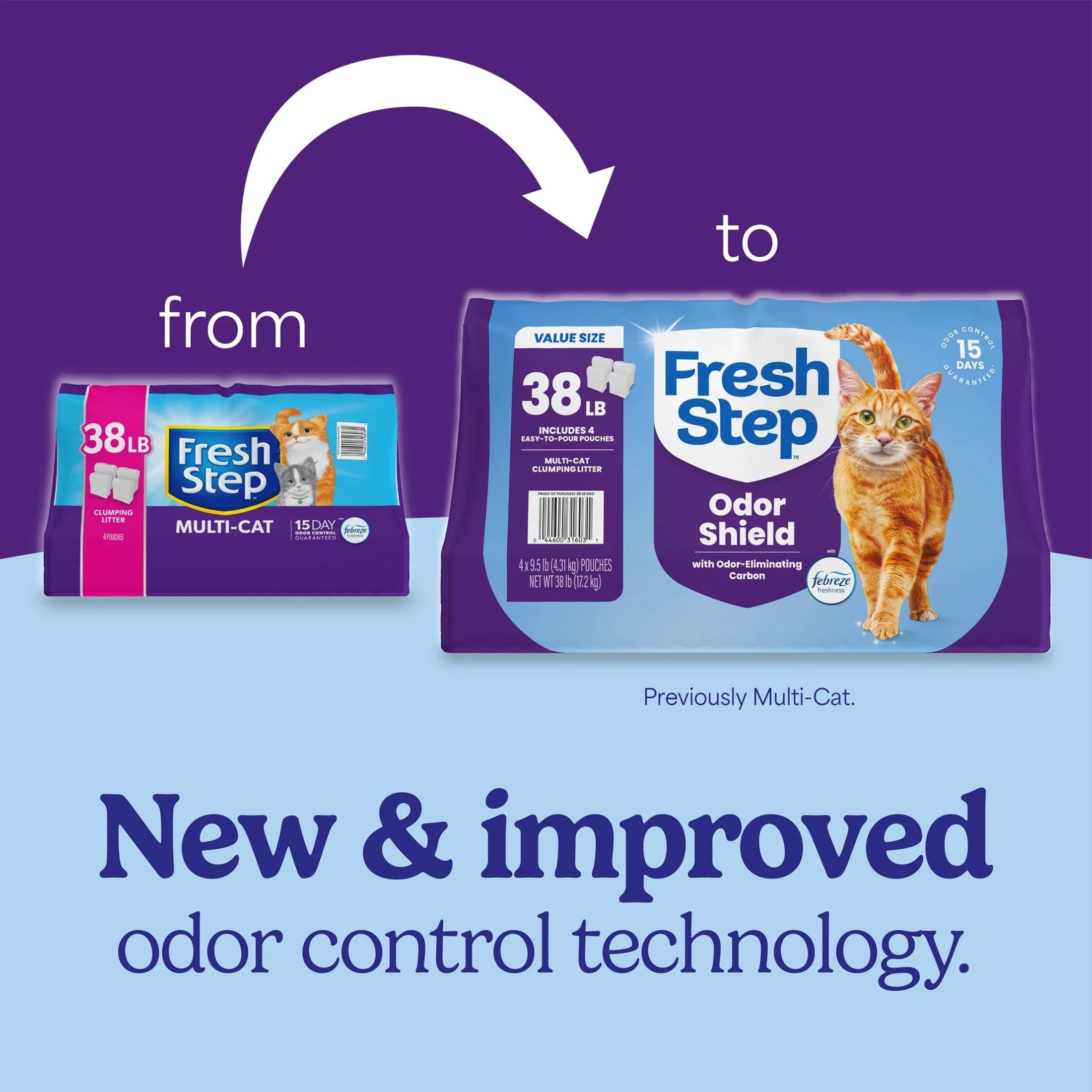 Fresh Step Odor Shield Multi-Cat Scented Clumping Cat Litter, Febreze Freshness, 38 lb Total, Easy Pour Pouches (4 Pack)