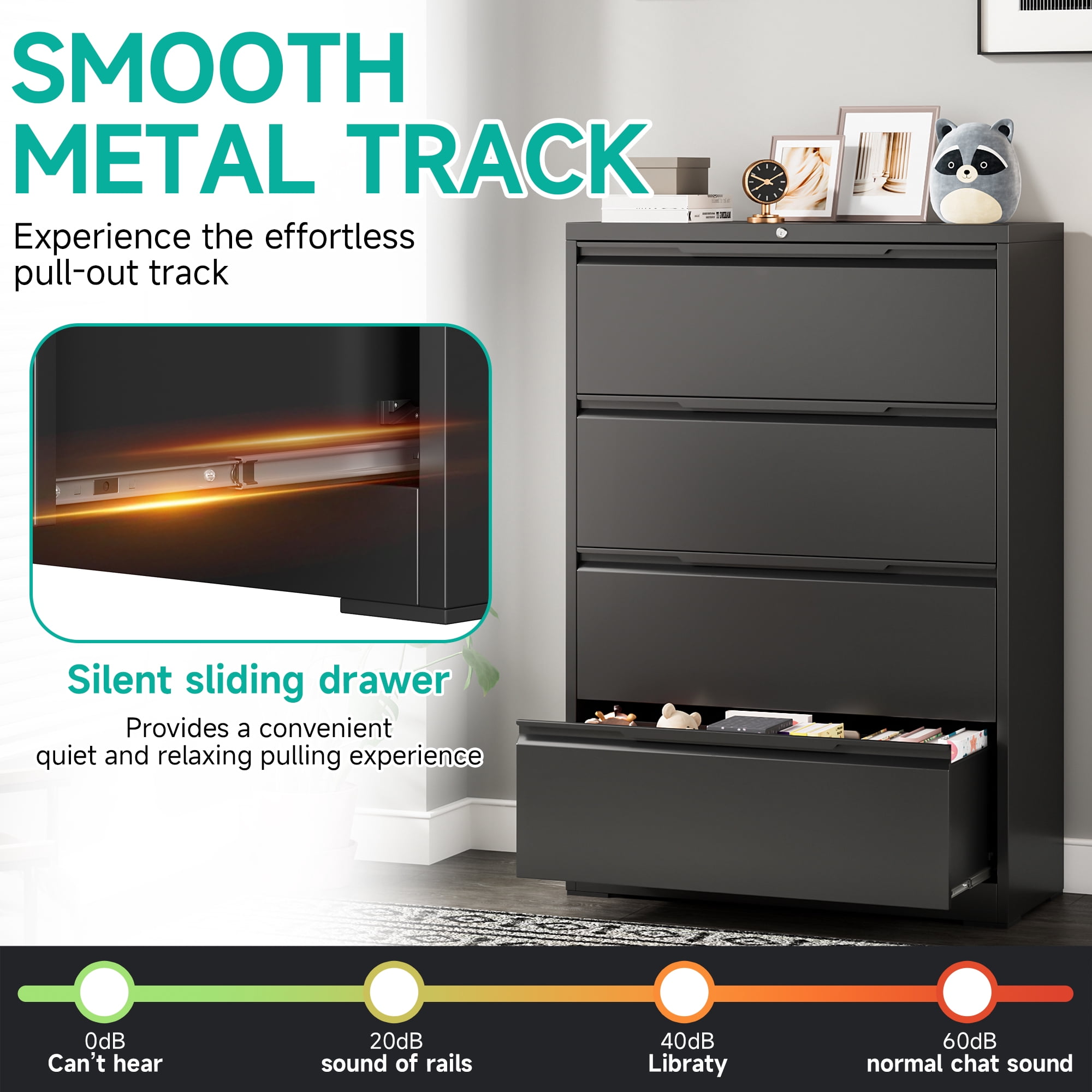 4 Drawer Lateral File Cabinet, Metal Lateral File Cabinet with Lock, Office Lateral Filing Storage Cabinet for Hanging Files Letter/Legal/F4/A4 Size, Easy Assemble Black