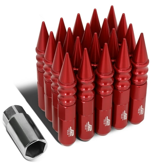 J2 Engineering LN-T7-015-15-RD J2 Engineering 7075 -T6 Forged Aluminum M12X1.5 20Pcs 123mm Height Spiky Cap Lug Nut Set w / Socket Adapter (Red)