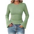 thumbnail image 3 of Crew Neck Long Sleeve Shirts for Women Zaewscy Women's Solid Color Sports Casual Long Sleeves Thread Ribbed Daily Top Green L, 3 of 8