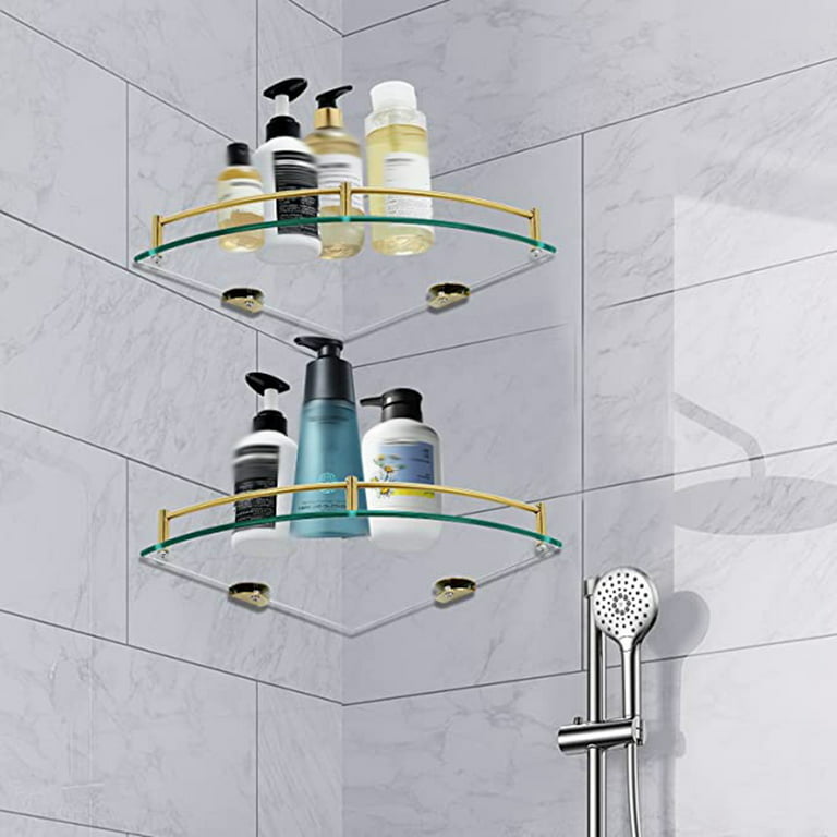 WAKLOND Bathroom Shelves, 2-Tier Glass Corner Shelf Wall Mounted,Corner Shower Shelf Tempered Glass Shelf for Storing Seasoning Bottle/Brush/Shower