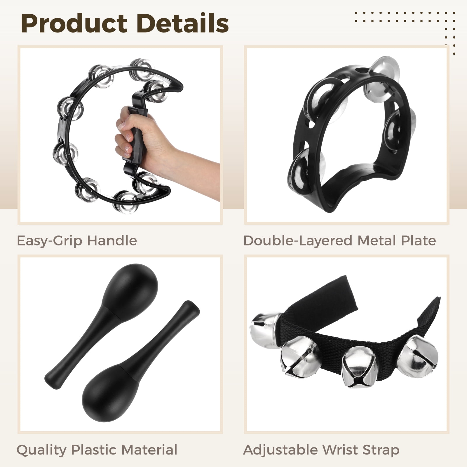 20 Pcs Musical Percussion Instrument Set with Large Tambourine, 4-Bell Tambourine, Maracas, Egg Shakers, Percussion sticks, and Wrist Jingle Bells, Black Plastic Instrument for Bar, Party, Stage