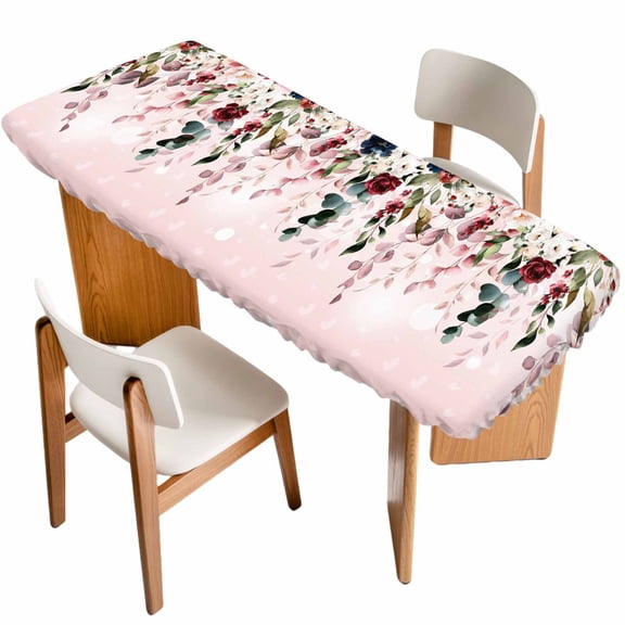 Pink Valentine's Day Table Cloths for 8 Foot Rectangle Tables, Spring Floral Eucalyptus Leaves Patio Waterproof Elastic Fitted Tablecloths, Washable Rectangular Table Cover for Camping