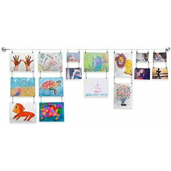 Barre Wire Picture Hangers for Kids Crafts and Artwork, Expandable 196 Inch Wall Decor with 24 Clips Set, Silver