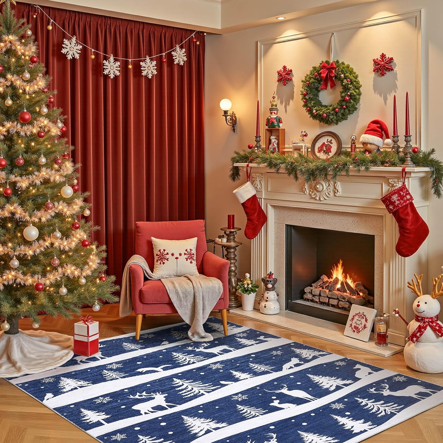 Garvee 8x10 ft Christmas Rug, Washable Non Slip Low Pile Carpet, Xmas Tree Reindeer Snowflake Indoor Rug for Entryway, Kitchen, Living Room, Blue