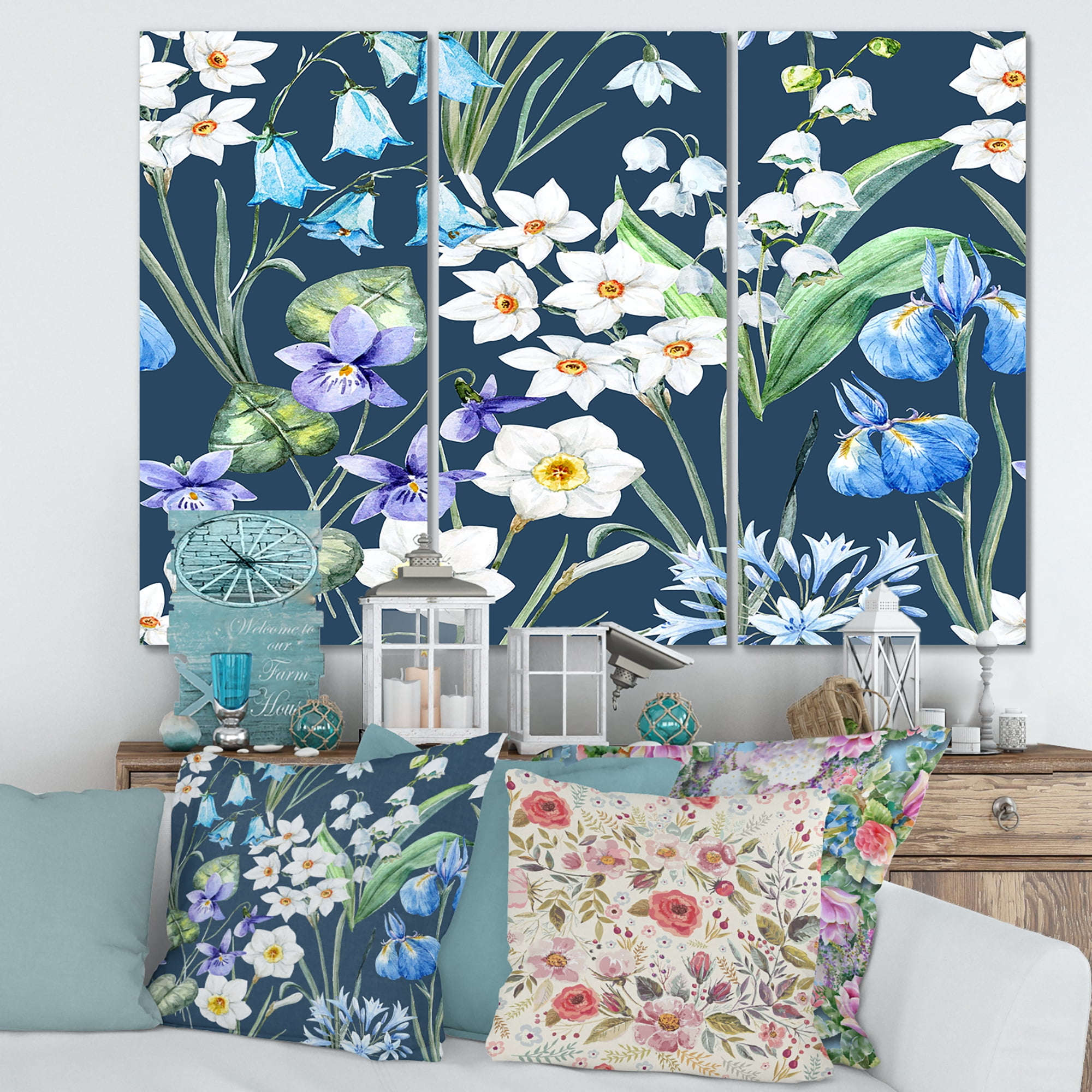 Designart ' Blue and White Spring Flowers On Dark Blue ' Traditional Canvas Wall Art Print