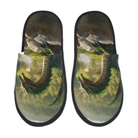 Balery Deep Forest Stone Green Dragon Slient Indoor Furry Fleece Comfort House Shoes Soft Non-Slip Home Shoes Cotton slippers House Slippers-- Large