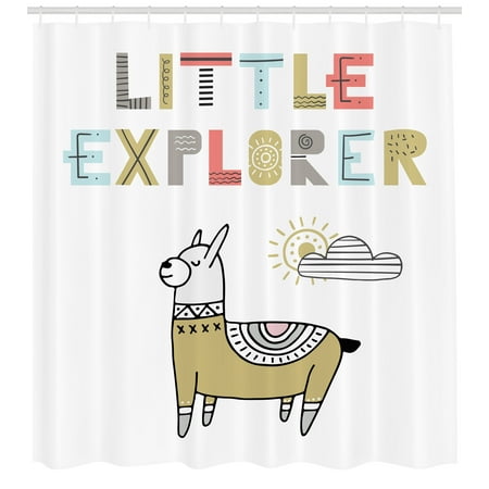 - Kids Shower Curtain, Hand Drawn Colorful Llama on Sunny Day with Little Explorer Quote in Colorful Letters, Fabric Bathroom Set with Hooks, 69W X 84L Inches Extra Long, Multicolor, by Ambesonne