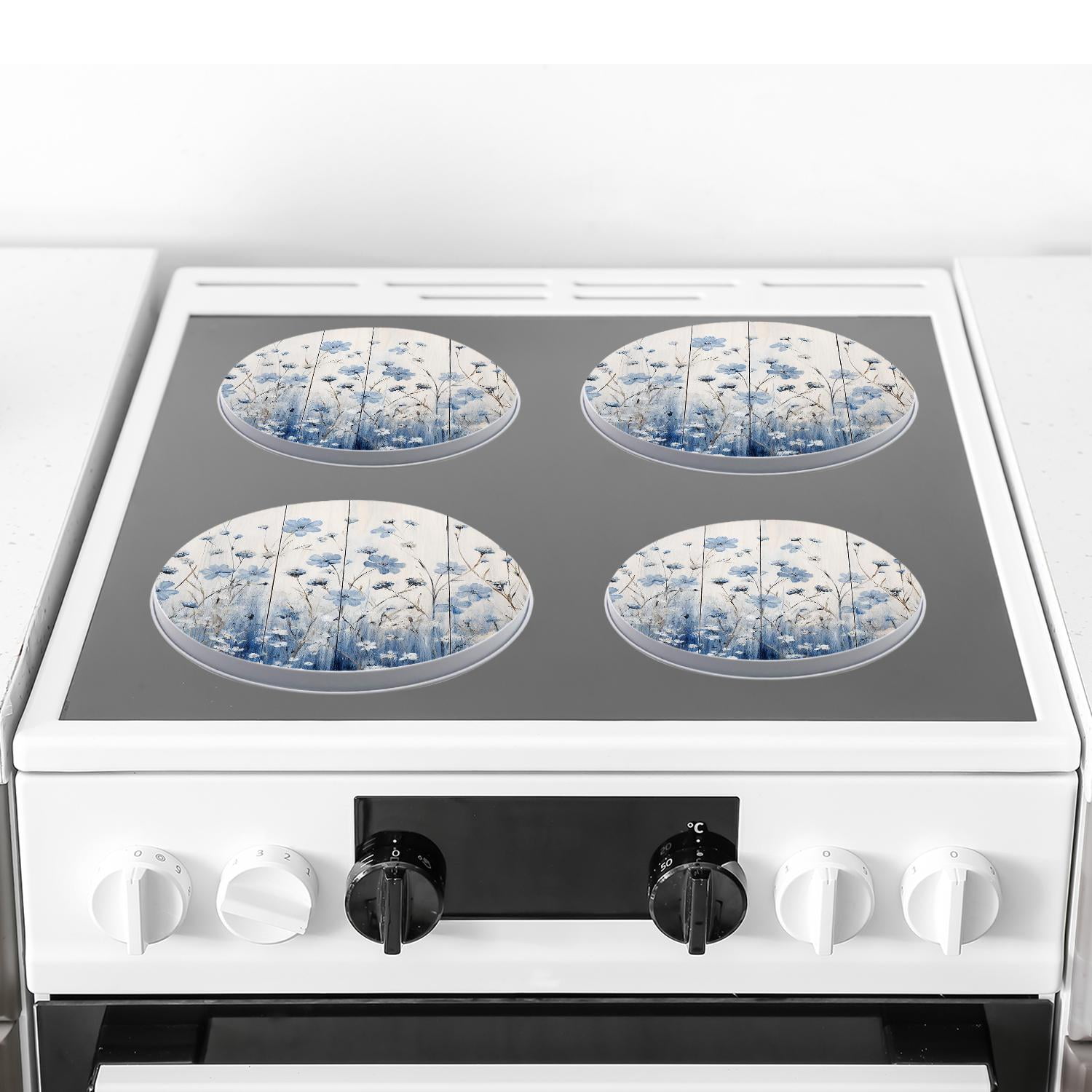 Metal Stove Burner Covers 4 Pcs Metal Round Stove Burner Covers 8Inch And 10Inch ,Blue Flowers with Insects art, for Home Decor Cooktop Decorative