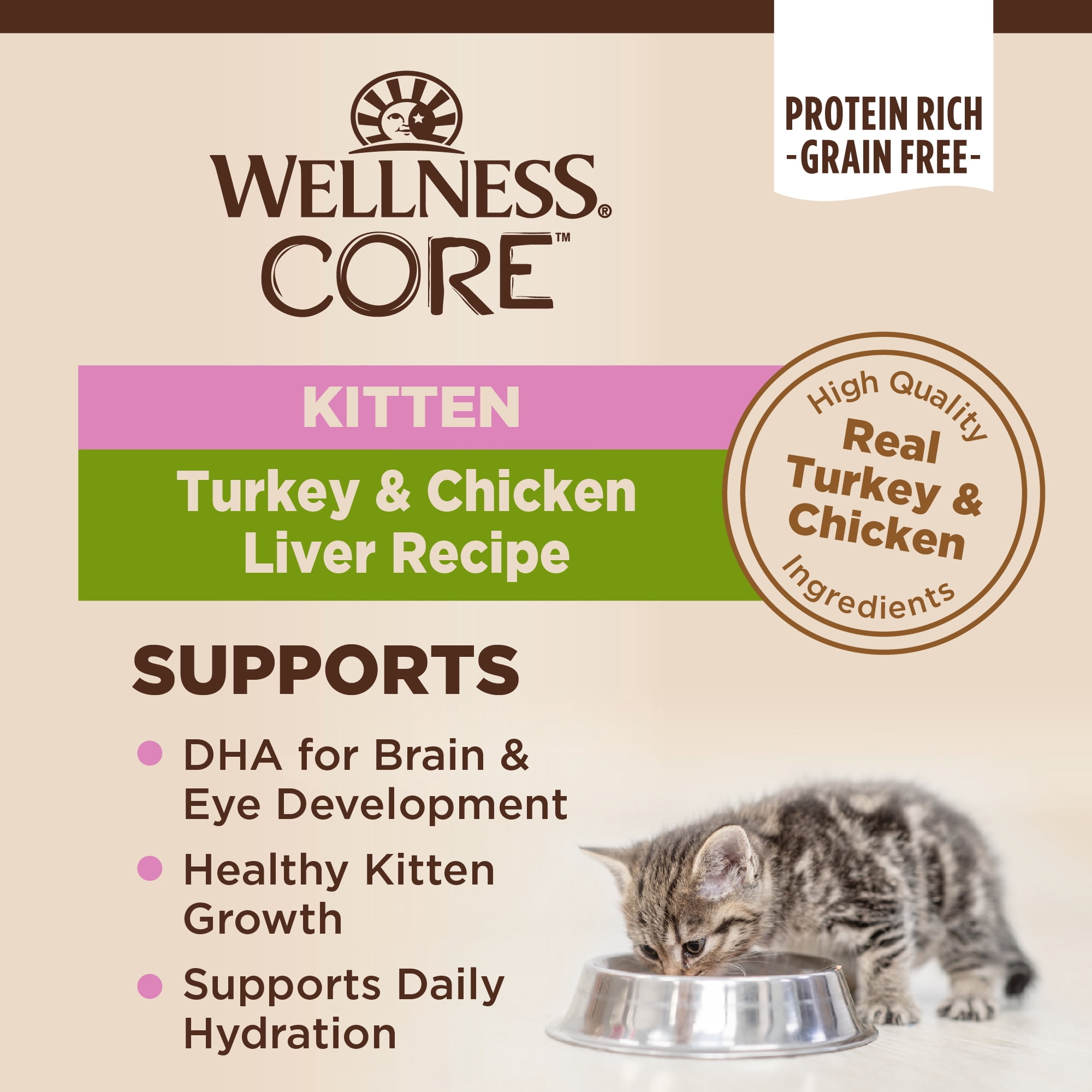 Wellness CORE Pate Kitten Canned Wet Cat Food, Natural, Protein Rich, Grain Free, Turkey and Chicken Liver Recipe, 3 oz, Pack of 12 Cans