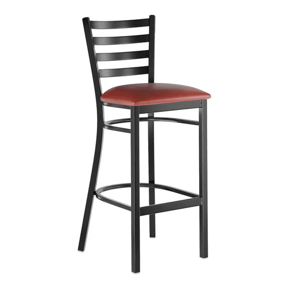Black Ladder Back Metal Restaurant Barstool with Burgundy Vinyl Padded Seat - Commercial Quality Metal Restaurant Barstool